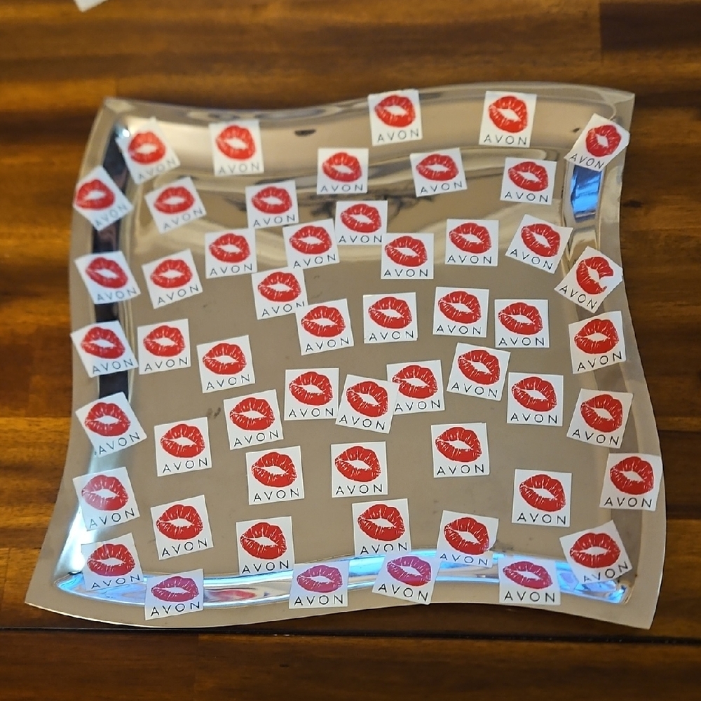 Avon Silver Plated Tray with Red Lip Print Decals.